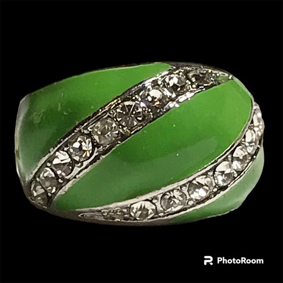 Vintage Green Enamel Cocktail Ring Silver Plated Crystal Rhinestone Size 7 Boho - Picture 1 of 12